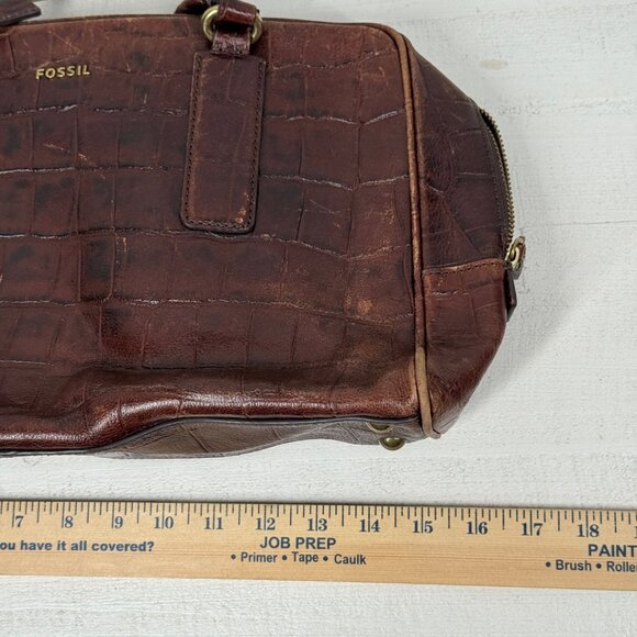 Fossil Croc Embossed Leather Satchel Brown Structured Shoulder Bag - Picture 14 of 16